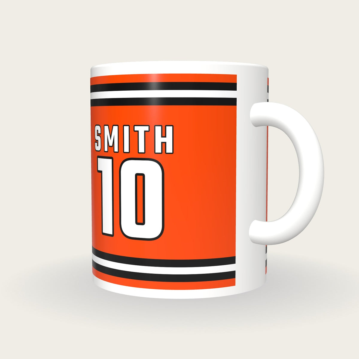 Personalised Orange and Black Ice Hockey Jersey Mug, three-quarter view