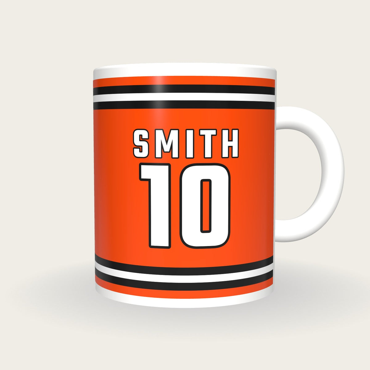 Personalised Orange and Black Ice Hockey Jersey Mug, front
