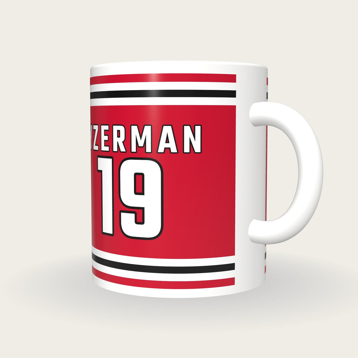 Personalised Red and White Ice Hockey Jersey Mug, three-quarter view