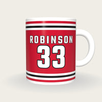 Personalised Red and White Ice Hockey Jersey Mug, front