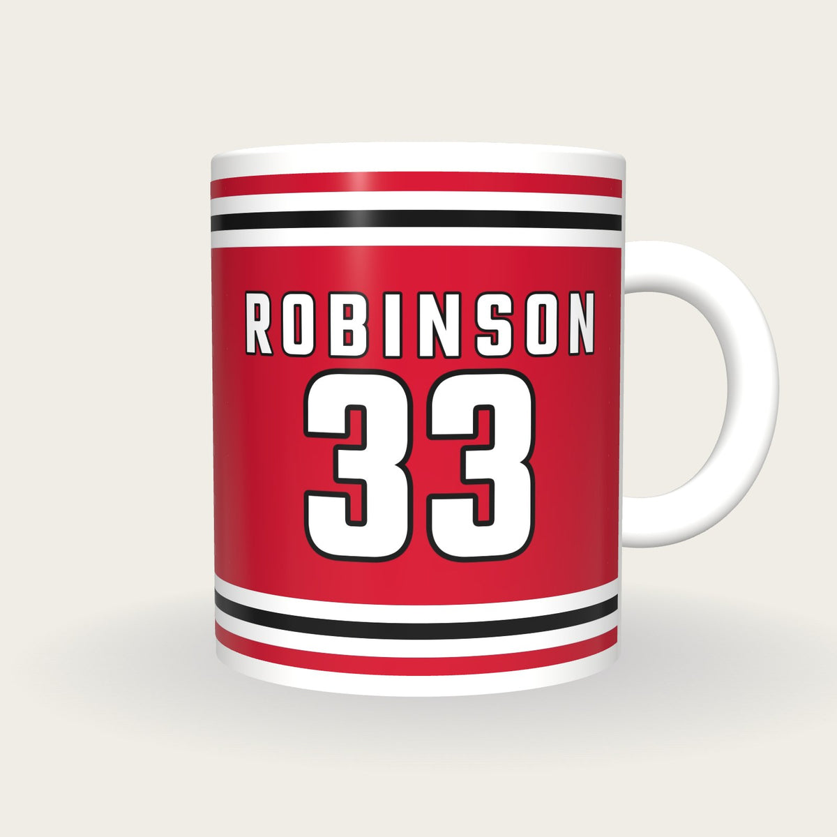 Personalised Red and White Ice Hockey Jersey Mug, front