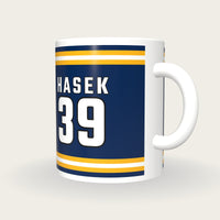Personalised Royal Blue and Gold Ice Hockey Jersey Mug, three-quarter view