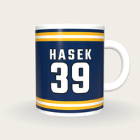 Personalised Royal Blue and Gold Ice Hockey Jersey Mug, front