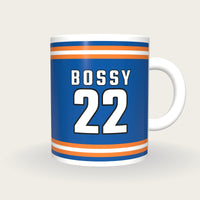 Personalised Royal Blue and Orange Ice Hockey Jersey Mug, front