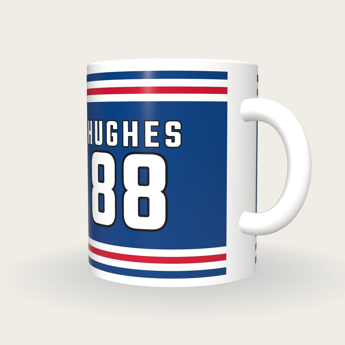 Personalised Royal Blue and White Ice Hockey Jersey Mug, three-quarter view