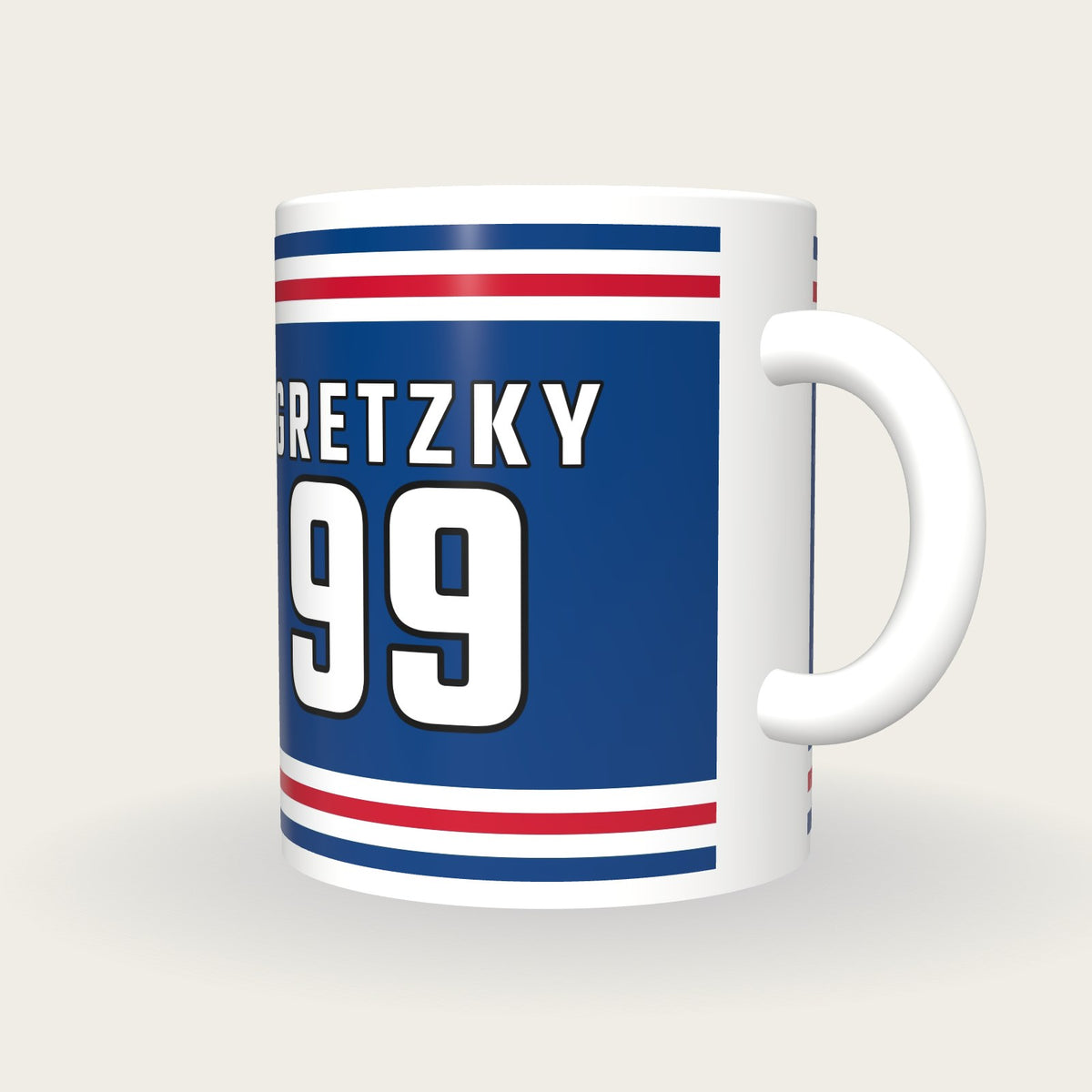 Personalised Royal Blue and White Ice Hockey Jersey Mug, three-quarter view