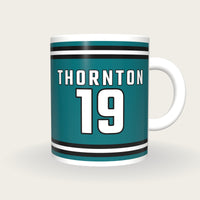 Personalised Teal and Black Ice Hockey Jersey Mug, front