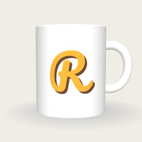 Personalised Big Letter Mug, Retro Script Initial, mustard and brown