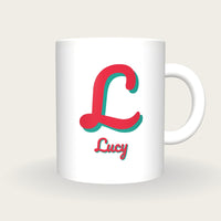 Personalised Big Letter Mug, Retro Script Initial, with a name added