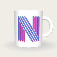 Personalised Big Letter Mug, Neon Stripe Initial, electric blue and pink
