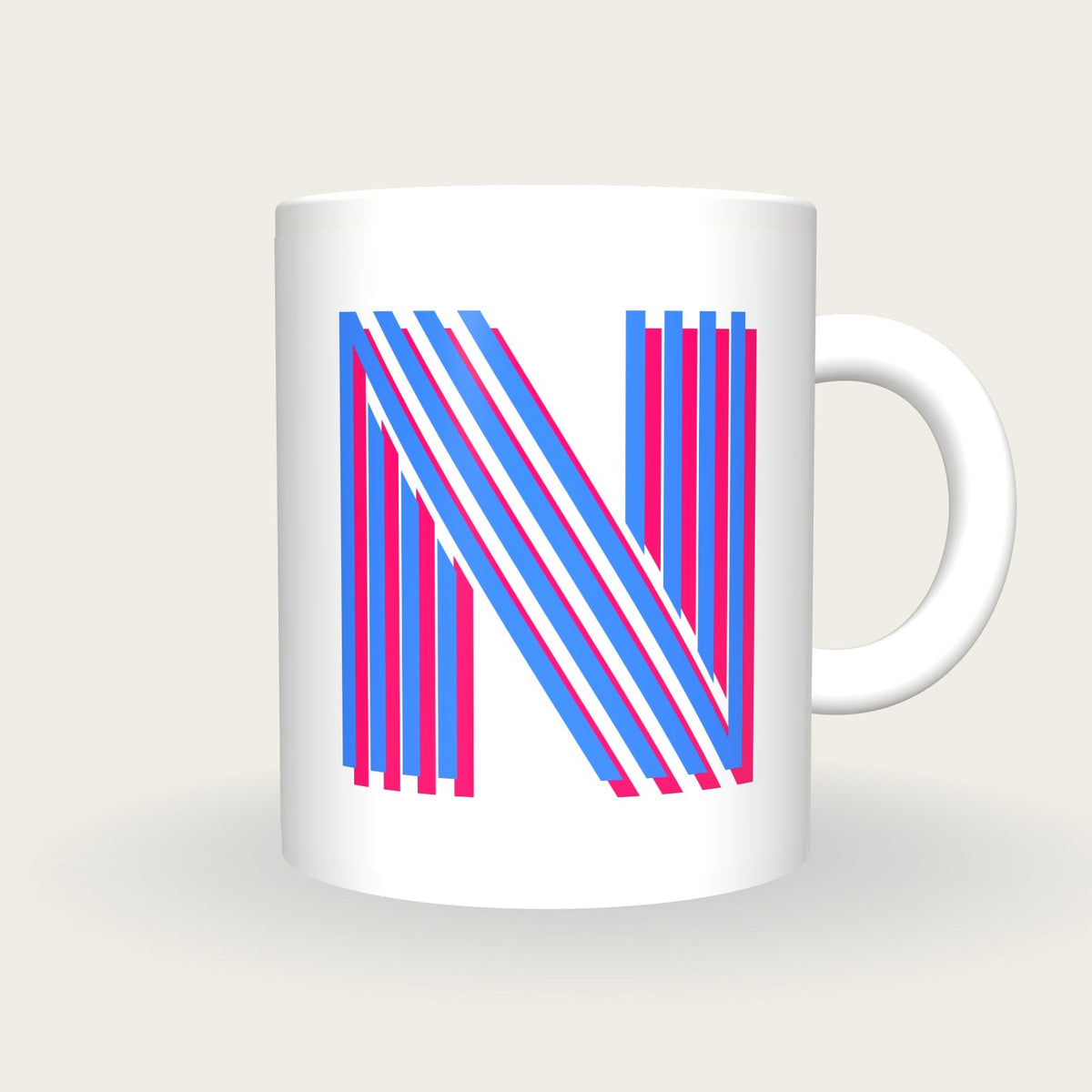 Personalised Big Letter Mug, Neon Stripe Initial, electric blue and pink