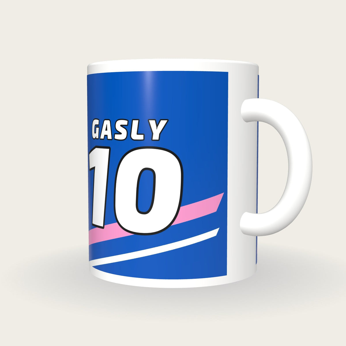 Personalised Blue and Pink Racing Livery Mug, three-quarter view