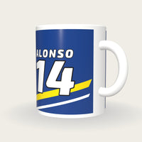 Personalised Blue and Yellow Racing Livery Mug, three-quarter view