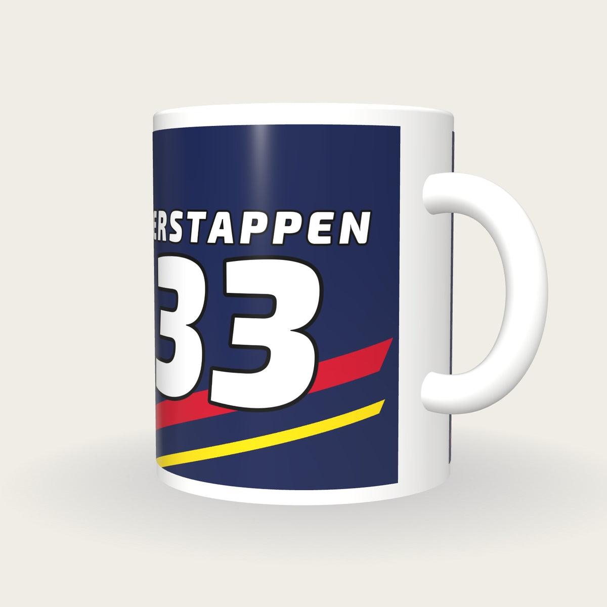 Personalised Navy, Red and Yellow Racing Livery Mug, three-quarter view