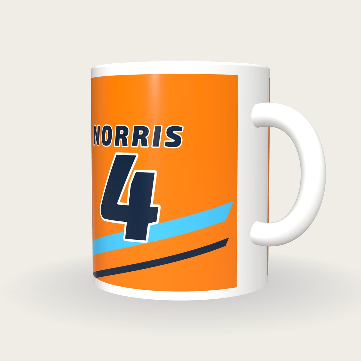 Personalised Papaya Orange and Blue Racing Livery Mug, three-quarter view