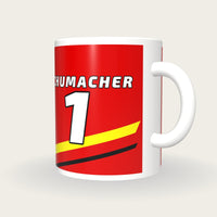 Personalised Scarlet and Yellow Racing Livery Mug, three-quarter view