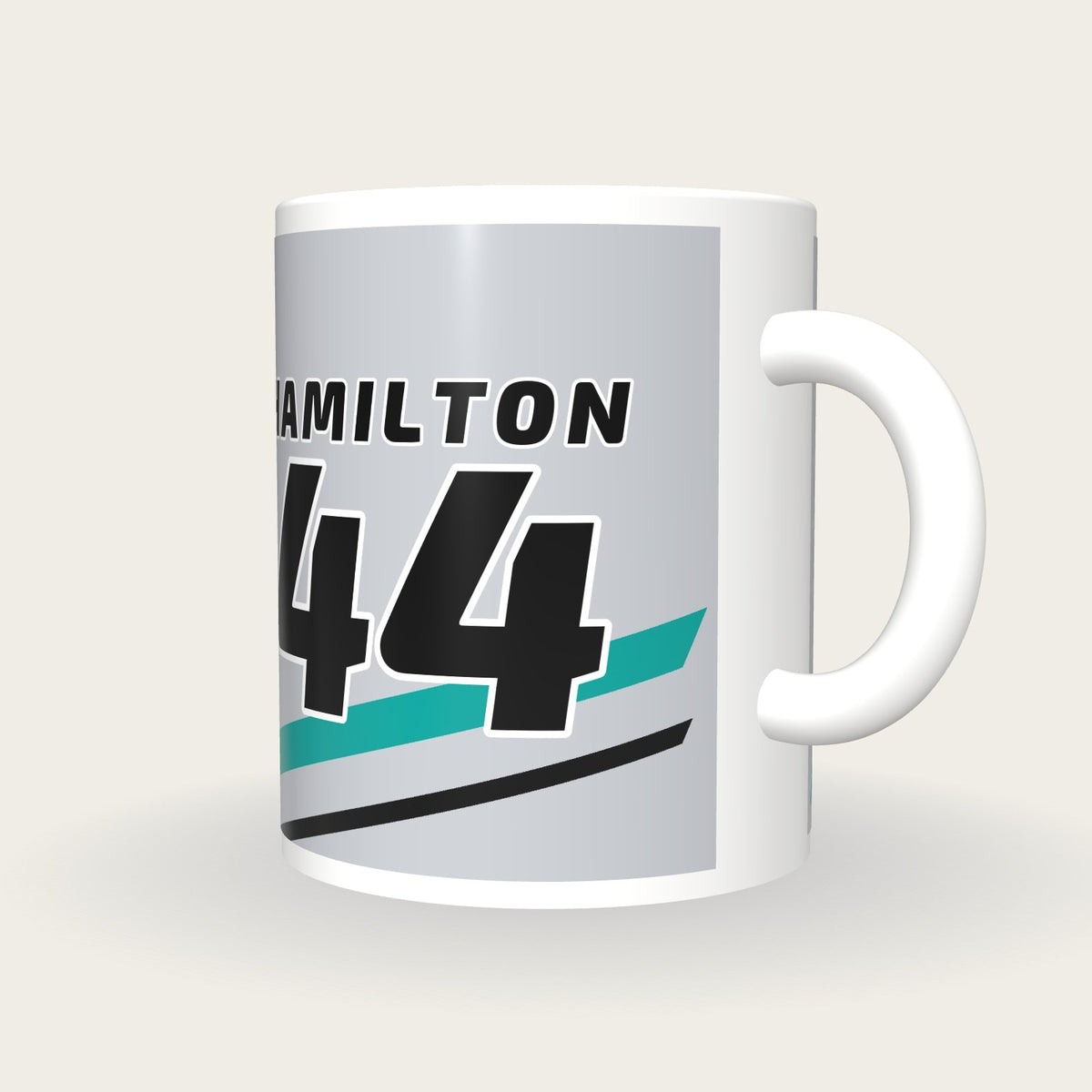 Personalised Silver and Teal Racing Livery Mug, three-quarter view