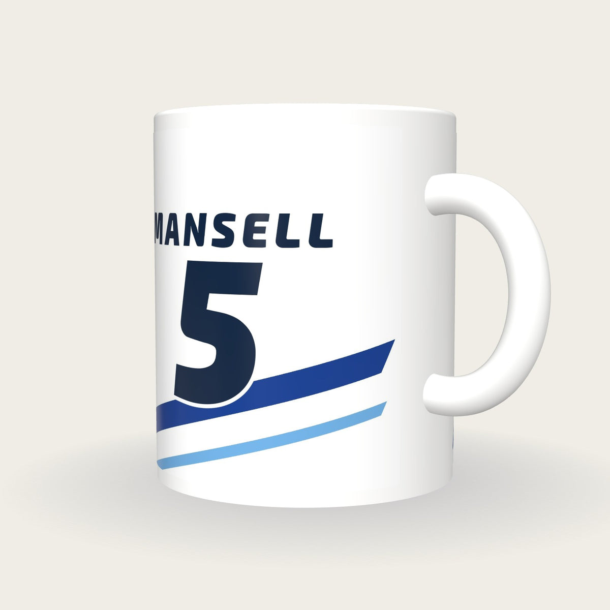 Personalised White and Blue Racing Livery Mug, three-quarter view