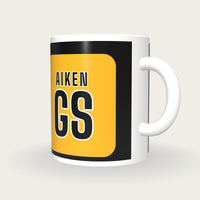 Personalised Black and Gold Netball Bib Mug, three-quarter view