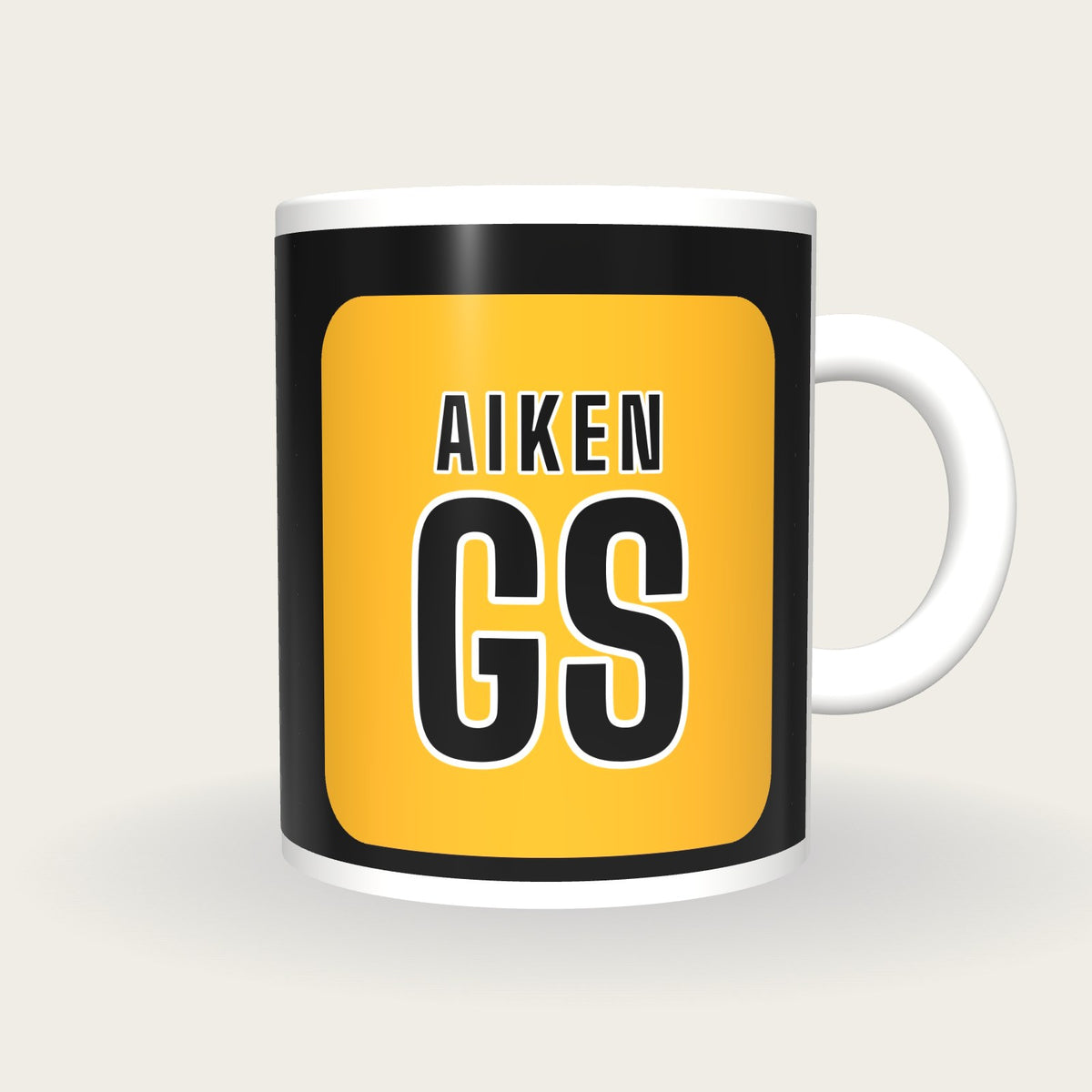 Personalised Black and Gold Netball Bib Mug, front