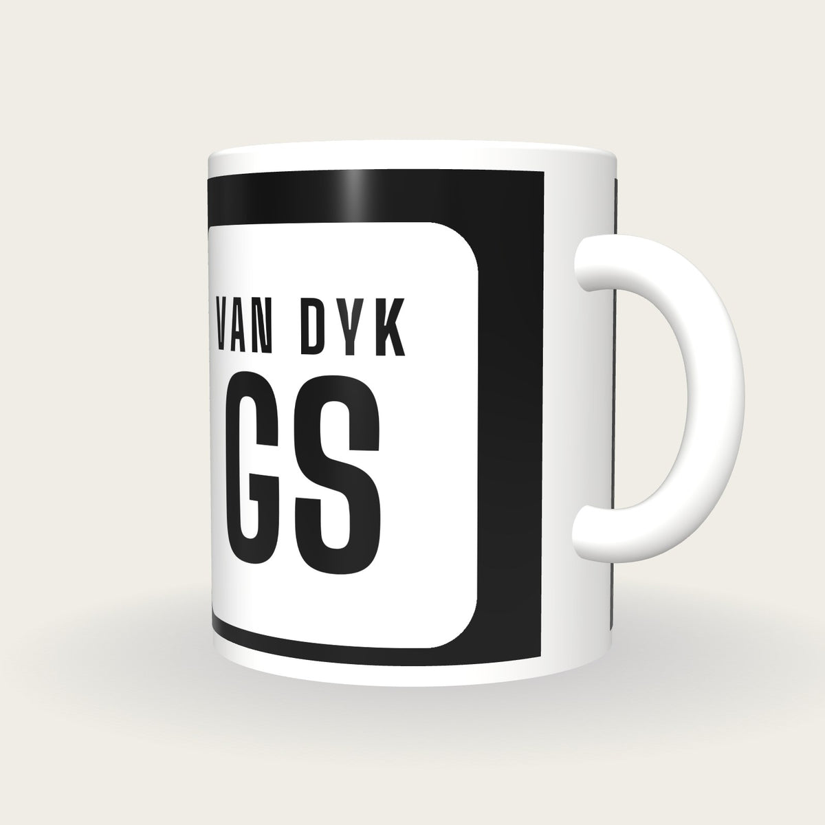 Personalised Black and White Netball Bib Mug, three-quarter view