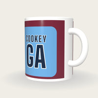 Personalised Claret and Sky Blue Netball Bib Mug, three-quarter view