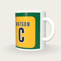 Personalised Green and Gold Netball Bib Mug, three-quarter view