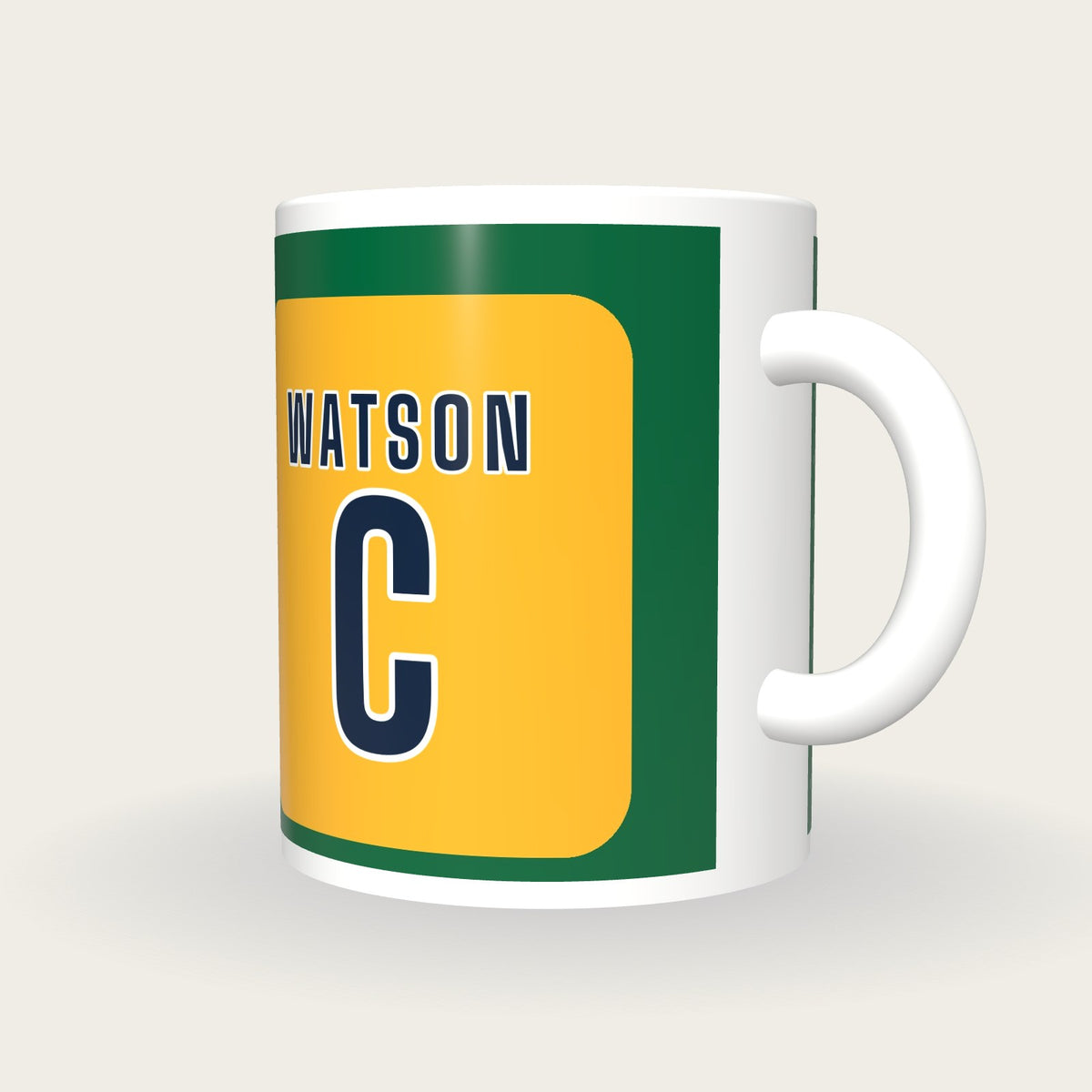 Personalised Green and Gold Netball Bib Mug, three-quarter view