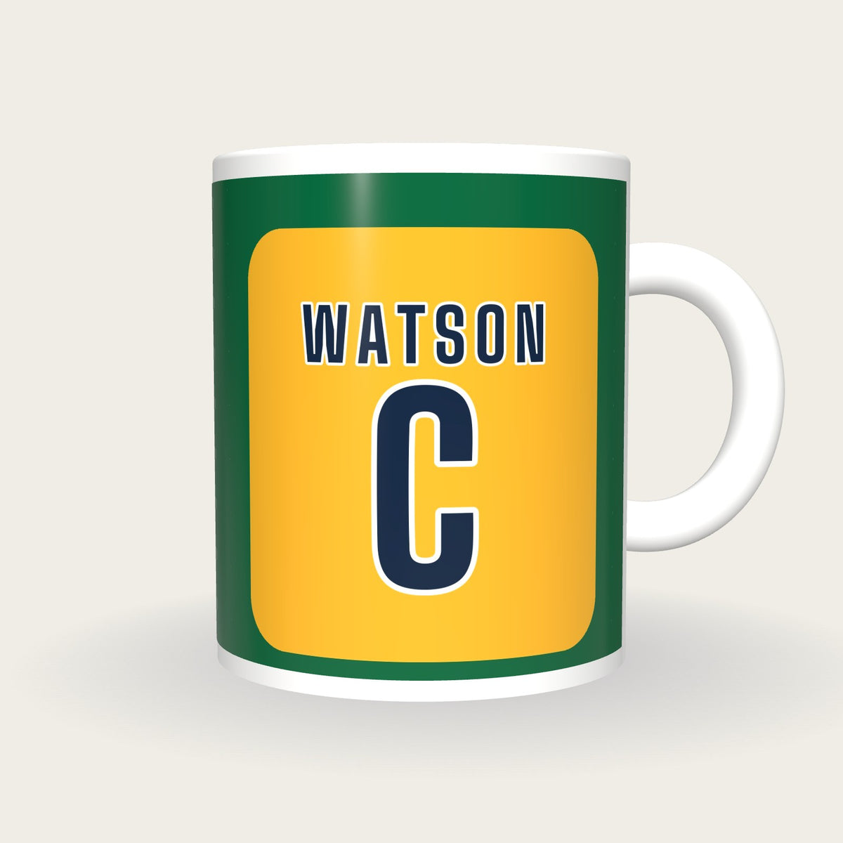 Personalised Green and Gold Netball Bib Mug, front