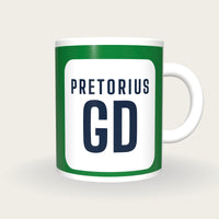 Personalised Green and White Netball Bib Mug, front