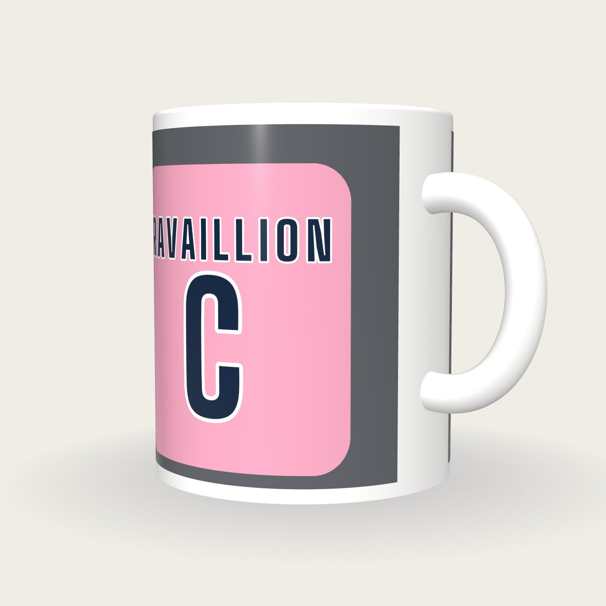 Personalised Grey and Pink Netball Bib Mug, three-quarter view