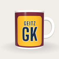 Personalised Maroon and Gold Netball Bib Mug, front