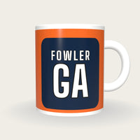 Personalised Orange and Navy Netball Bib Mug, front