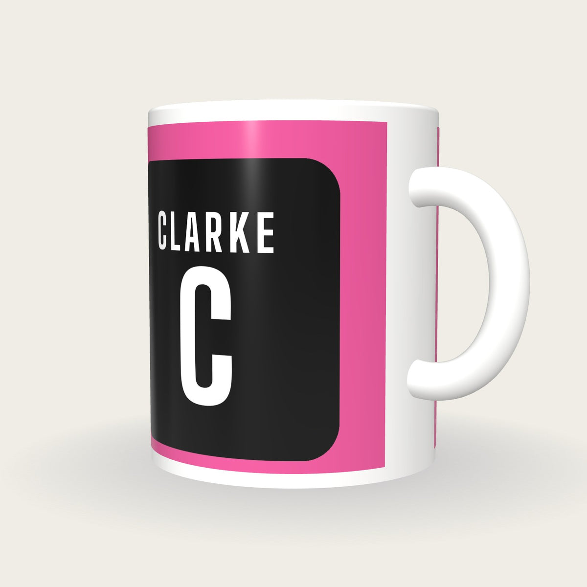 Personalised Pink and Black Netball Bib Mug, three-quarter view