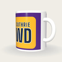Personalised Purple and Gold Netball Bib Mug, three-quarter view