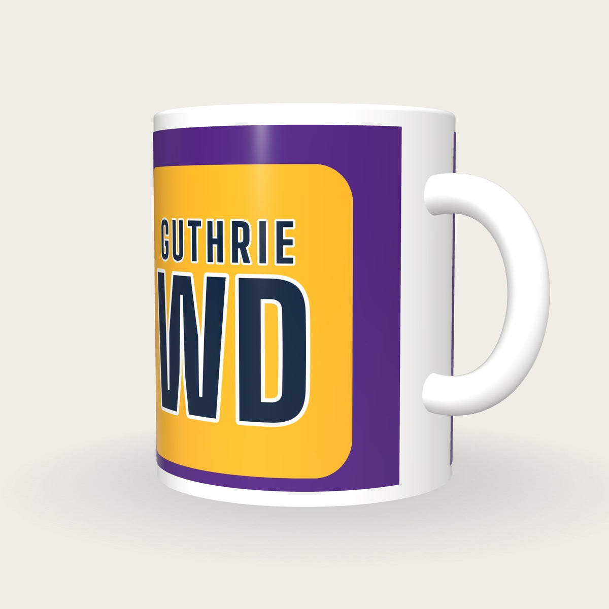 Personalised Purple and Gold Netball Bib Mug, three-quarter view