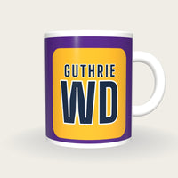 Personalised Purple and Gold Netball Bib Mug, front