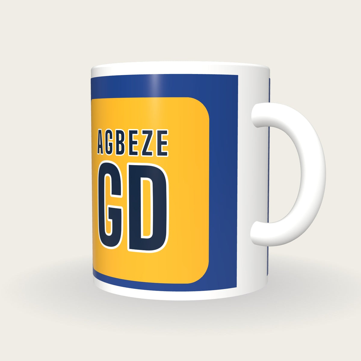 Personalised Royal Blue and Gold Netball Bib Mug, three-quarter view