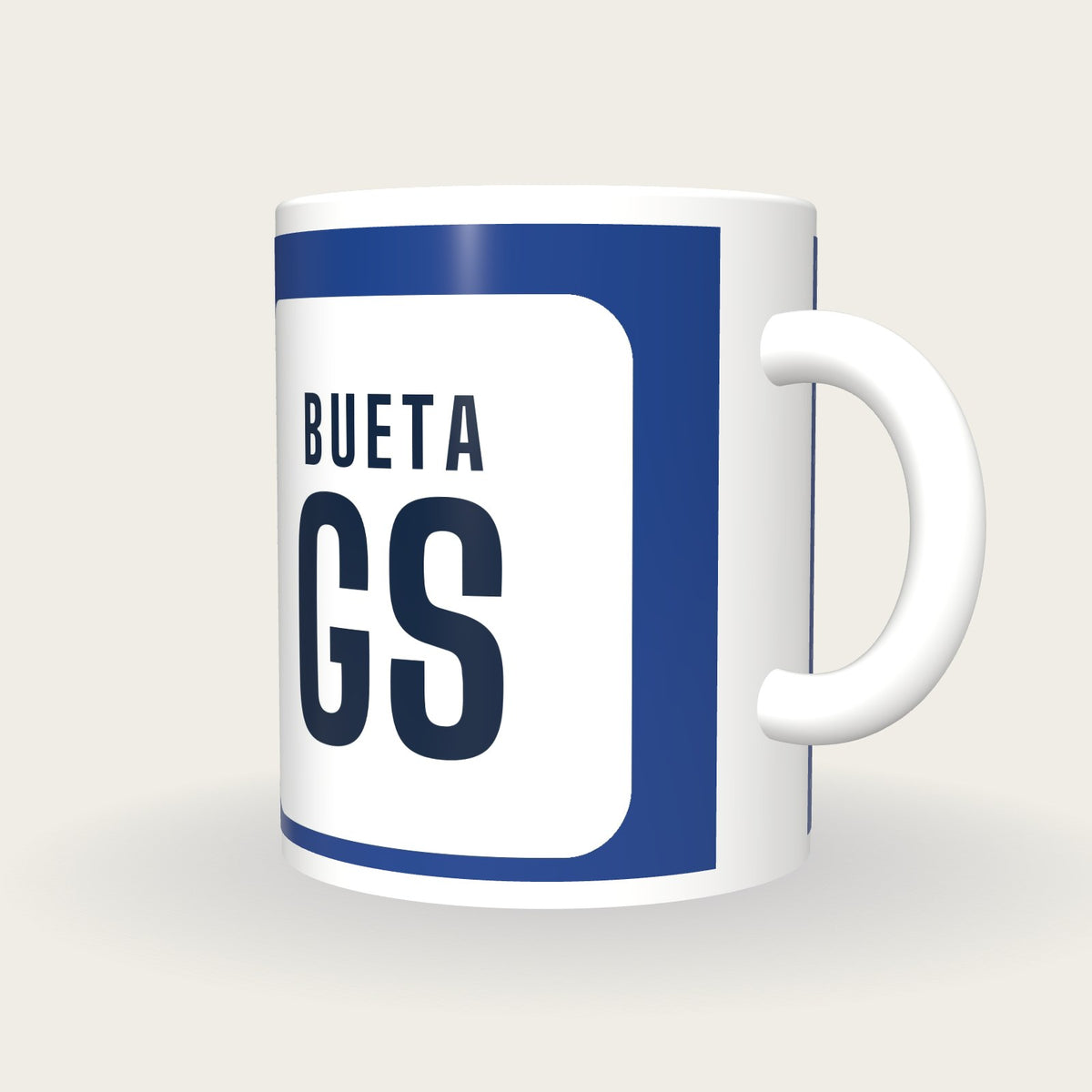 Personalised Royal Blue and White Netball Bib Mug, three-quarter view