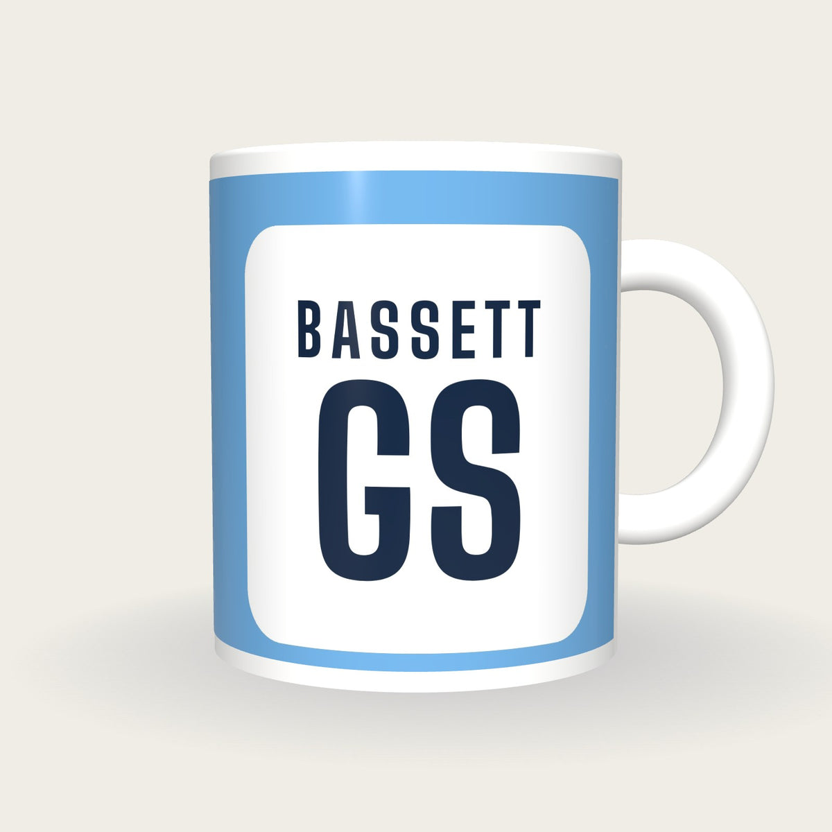 Personalised Sky Blue and White Netball Bib Mug, front