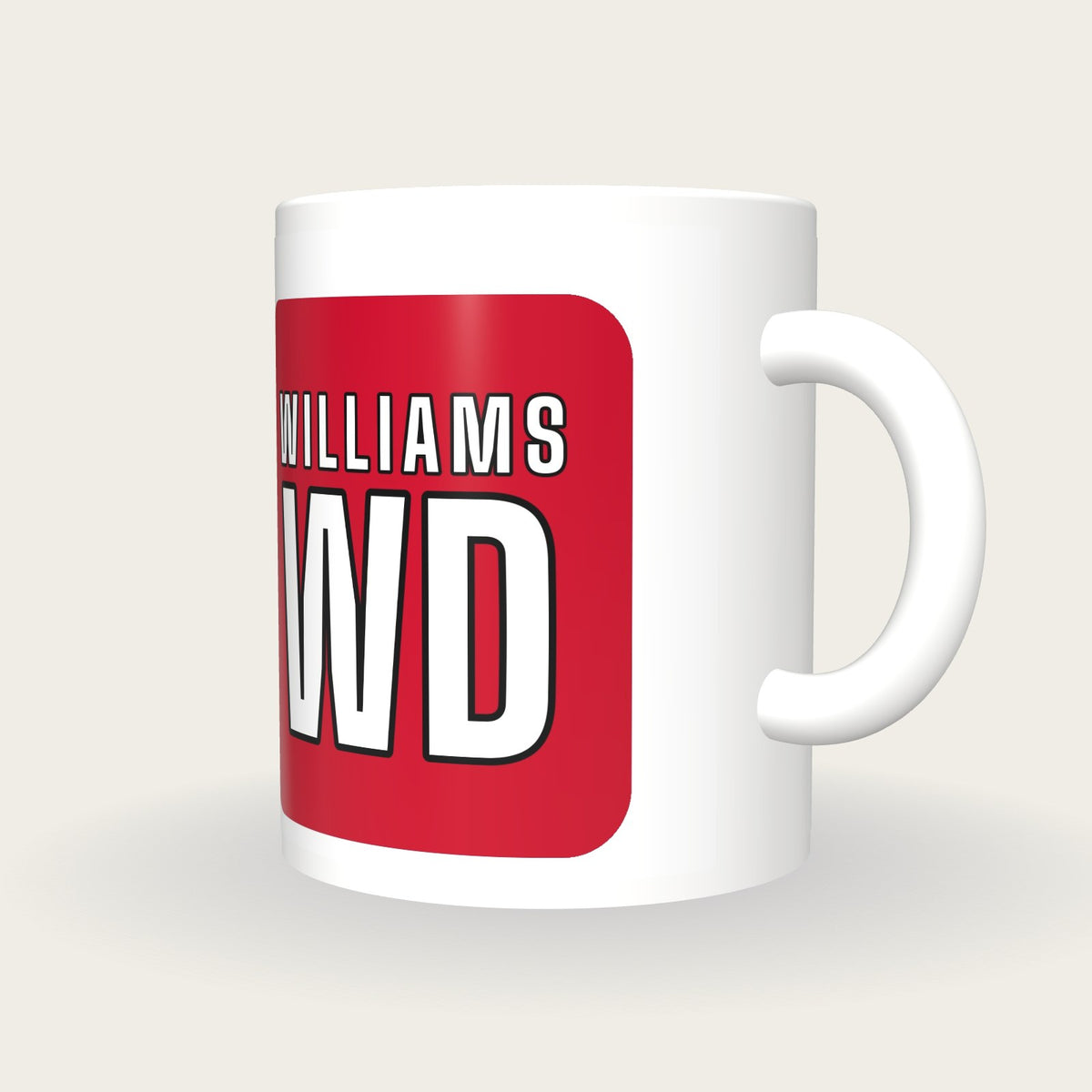 Personalised White and Red Netball Bib Mug, three-quarter view