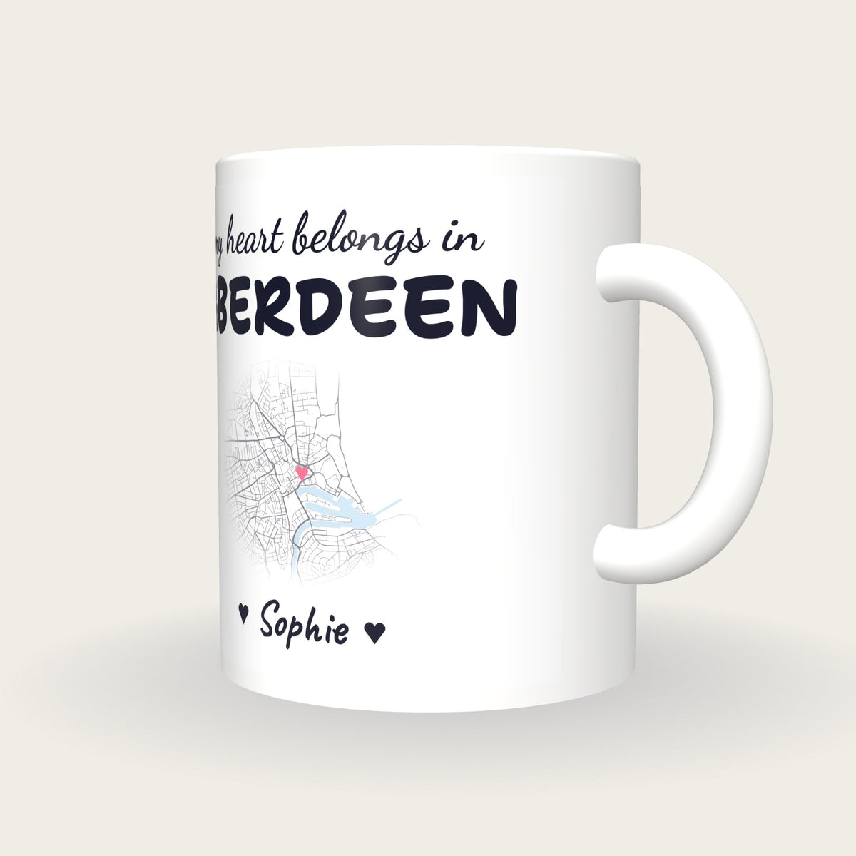 Personalised Aberdeen Map Mug, My Heart Belongs In Aberdeen, three-quarter view