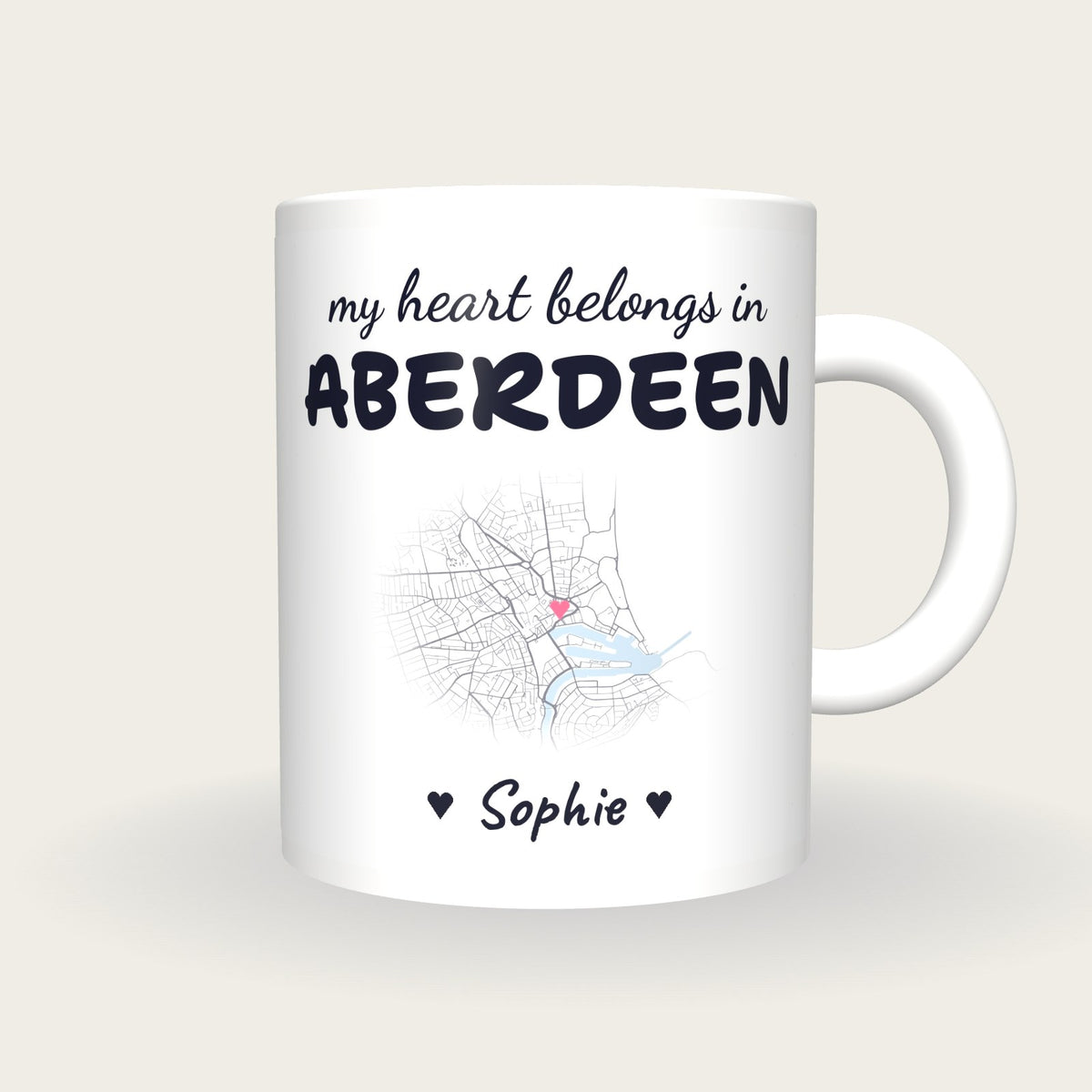 Personalised Aberdeen Map Mug, My Heart Belongs In Aberdeen, front