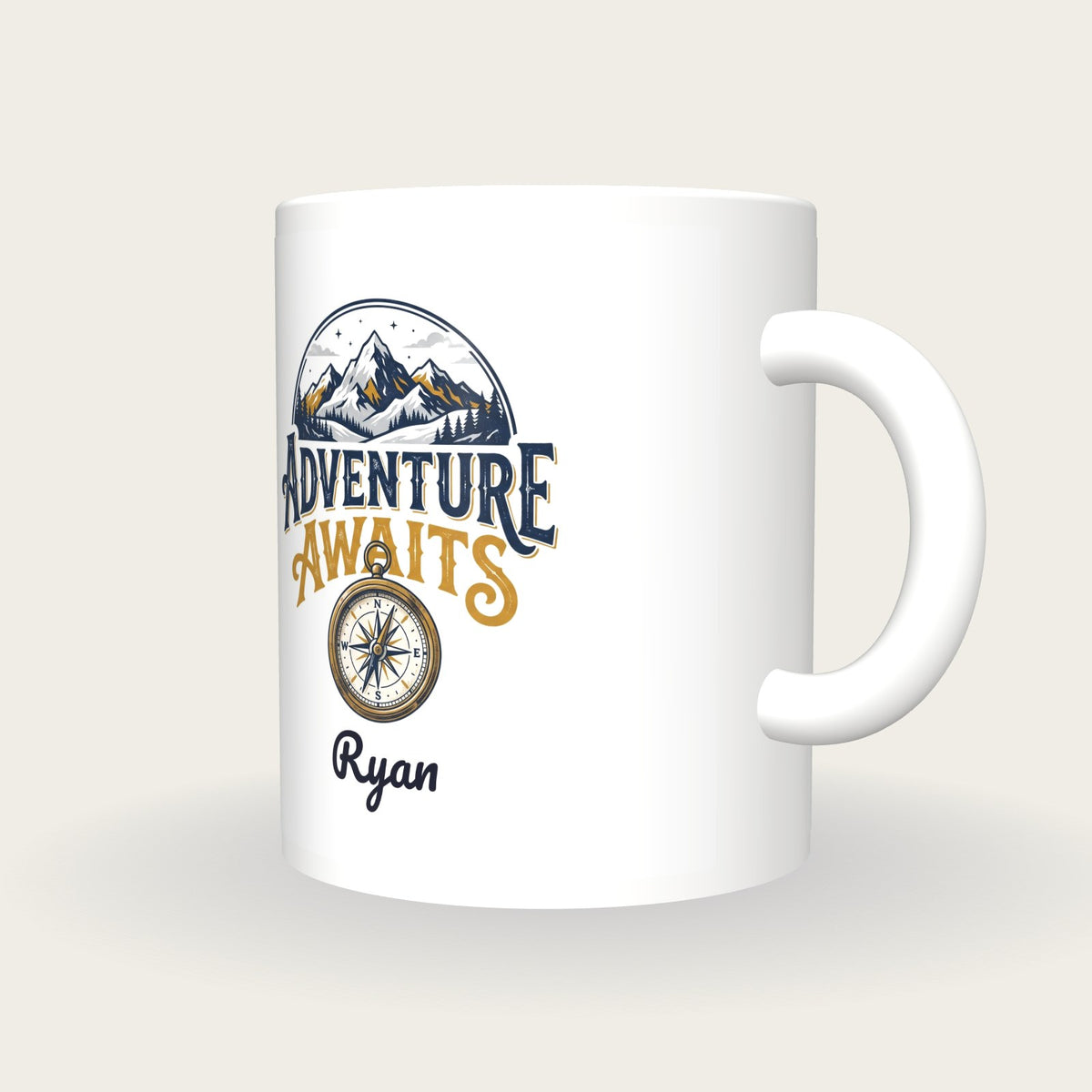 Personalised Adventure Awaits Mug, three-quarter view