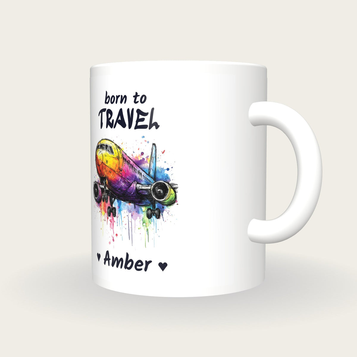 Personalised Aeroplane Mug, Born To Travel, three-quarter view