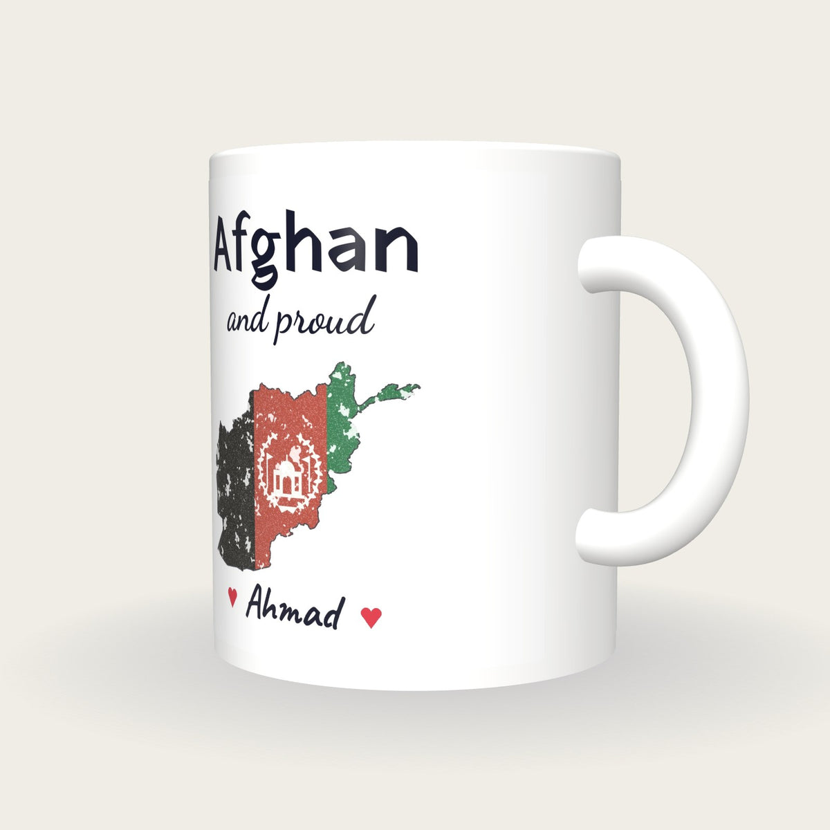 Personalised Afghanistan Map Mug, Afghan And Proud, three-quarter view