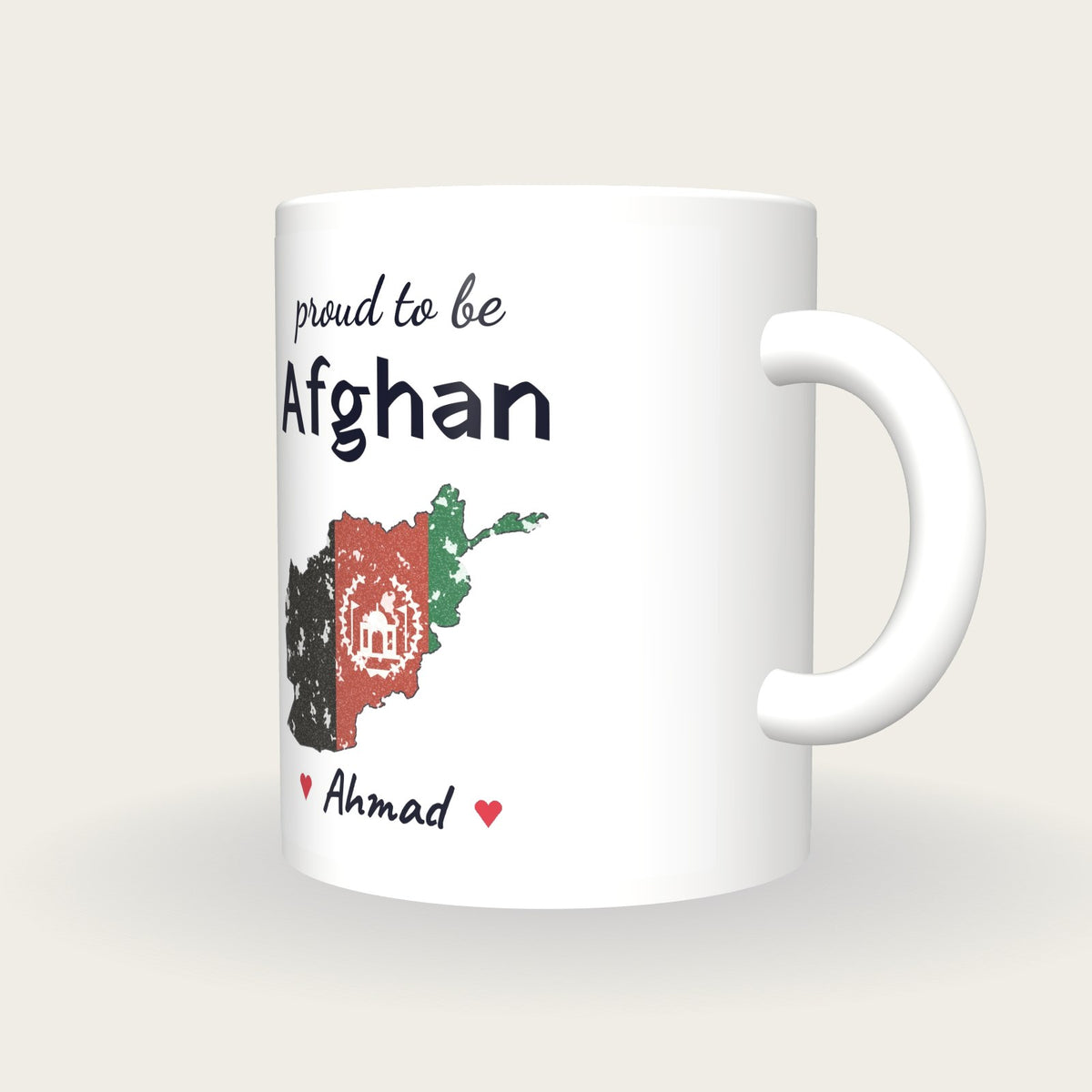 Personalised Afghanistan Map Mug, Proud To Be Afghan, three-quarter view