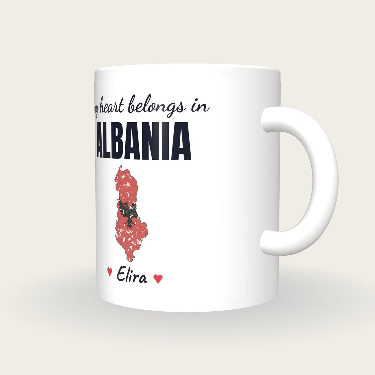 Personalised Albania Map Mug, My Heart Belongs In Albania, three-quarter view
