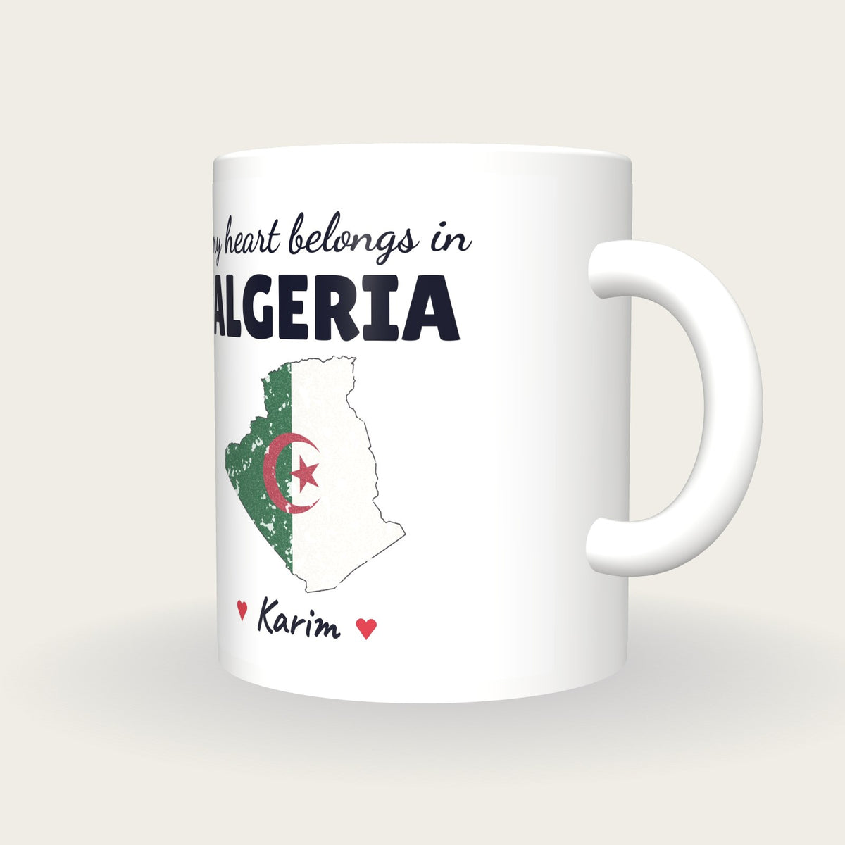 Personalised Algeria Map Mug, My Heart Belongs In Algeria, three-quarter view