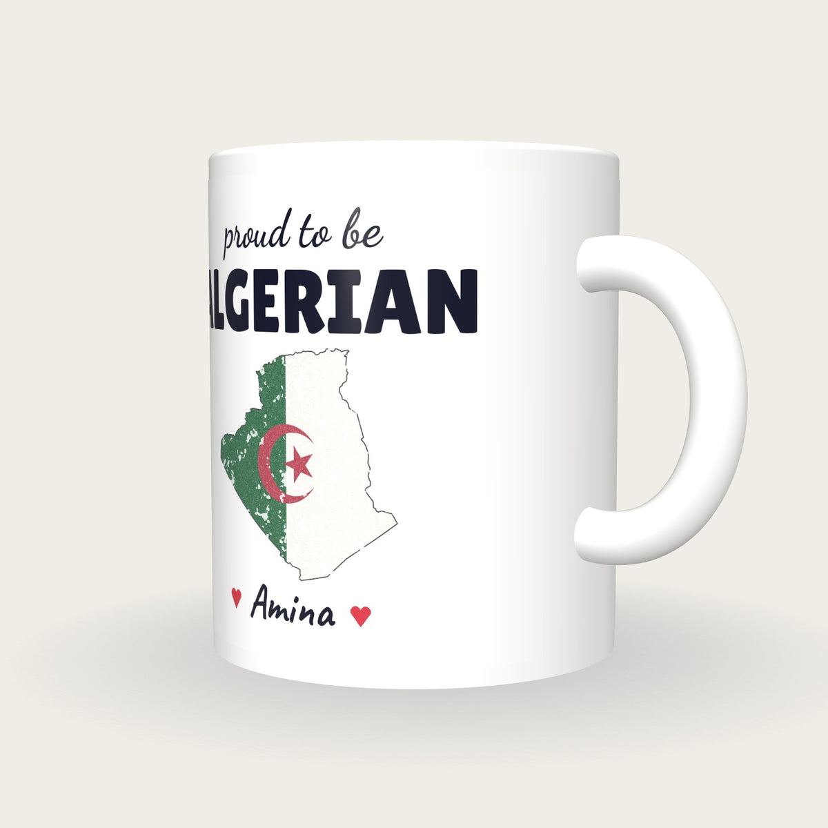 Personalised Algeria Map Mug, Proud To Be Algerian, three-quarter view